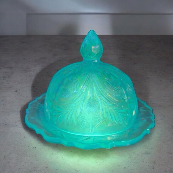 Cambridge Mosser Other - Cambridge Mosser Butter Dish Blue Iridescent Green UV Glowing Manganese 365nm